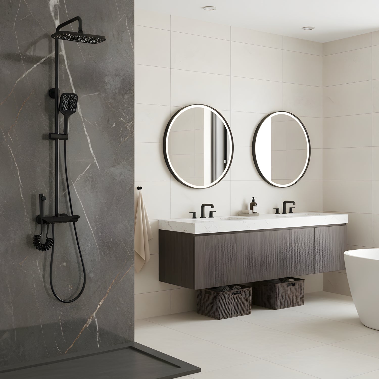 Modern bathroom with dark wooden vanity, round mirrors, and gray shower wall.