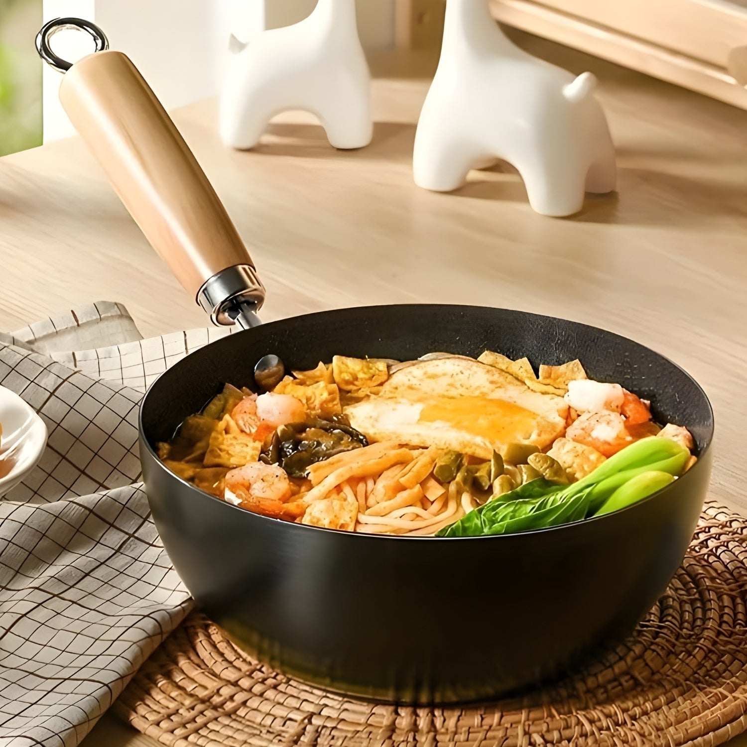 Black frying pan with stir-fry on a wooden table