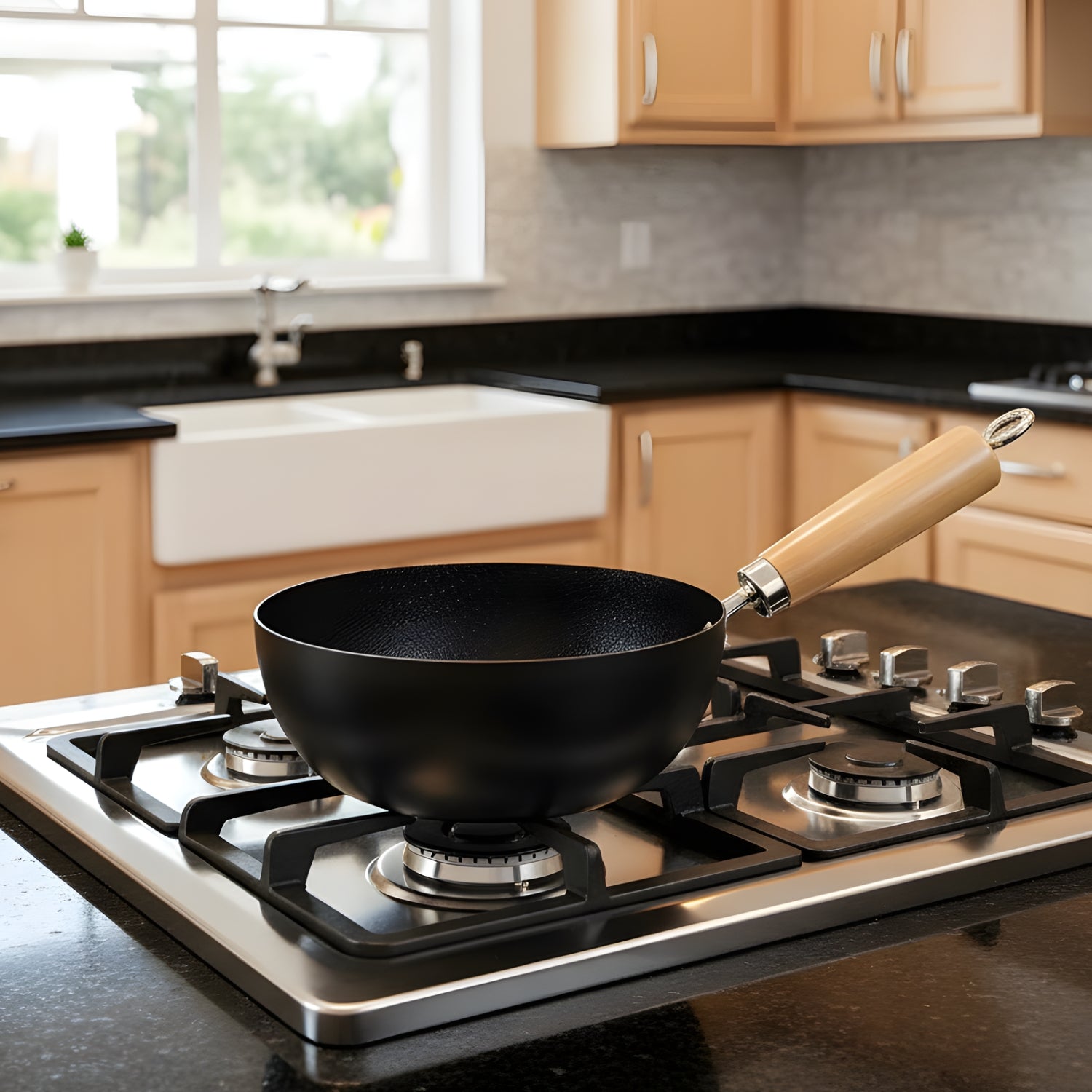 Black wok on a gas stove in a kitchen with wooden cabinets and a window.