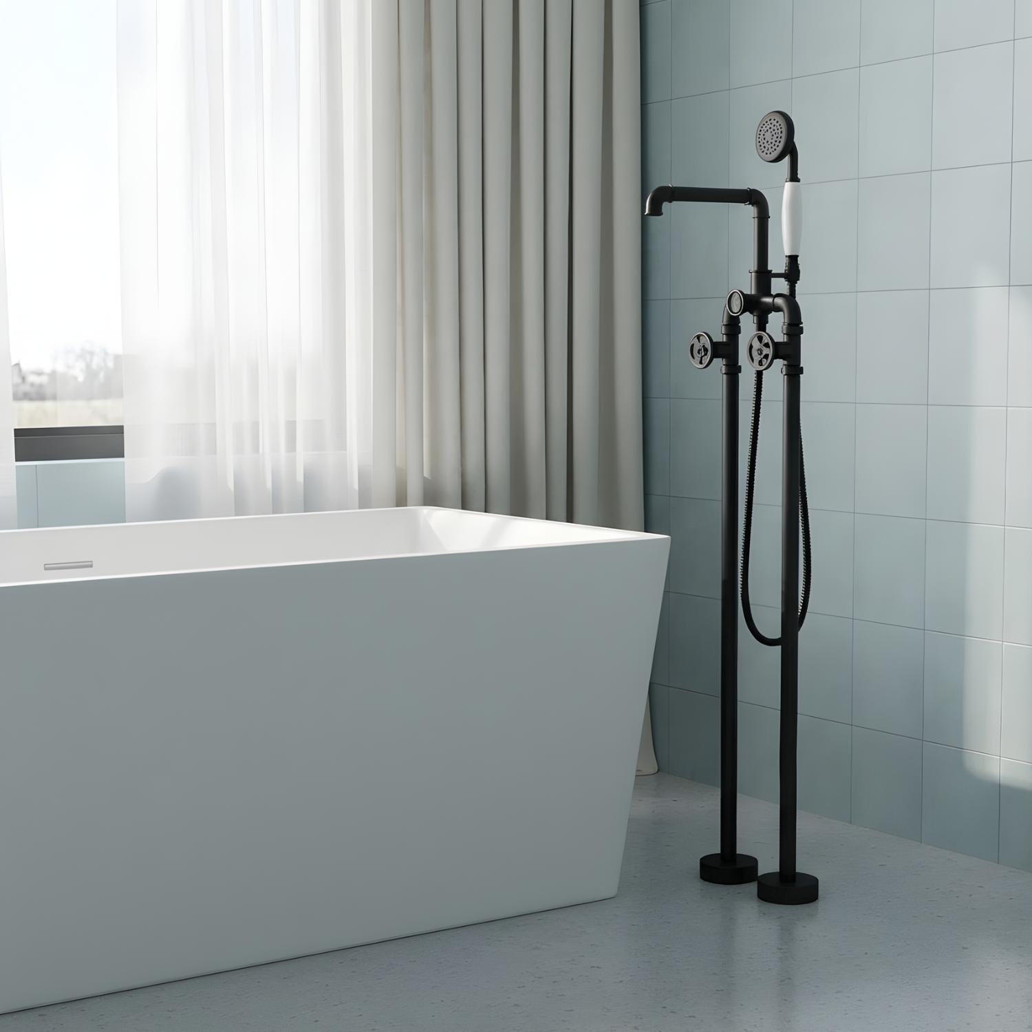 Hagen - Industrielt Design Fritstående Sort Badekarsfylder og Brusebadssæt til Badekar